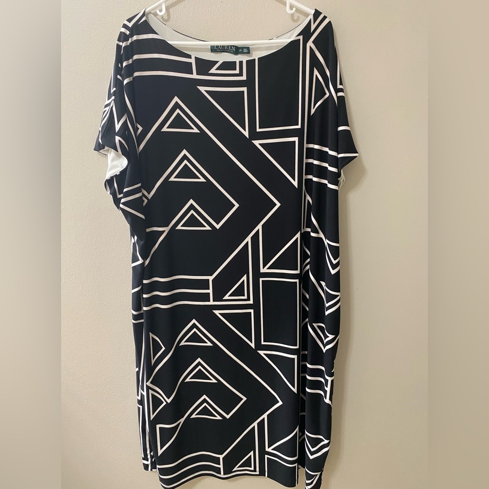 Lauren Ralph Lauren dress 3x geometric print stretch sheath pullover lined black